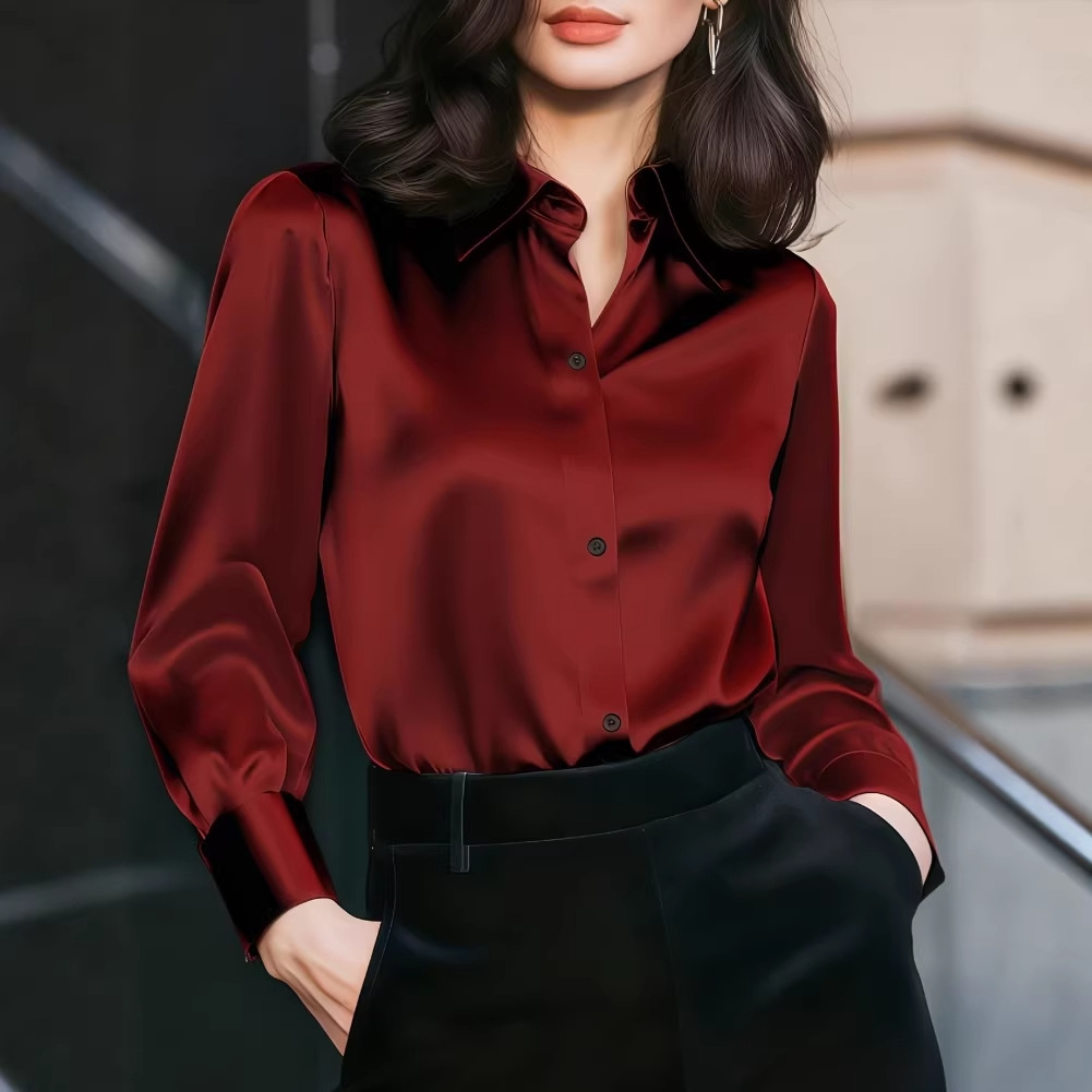 Women Formal Wear Office - Women Satin Lapel Collar Blouse Button