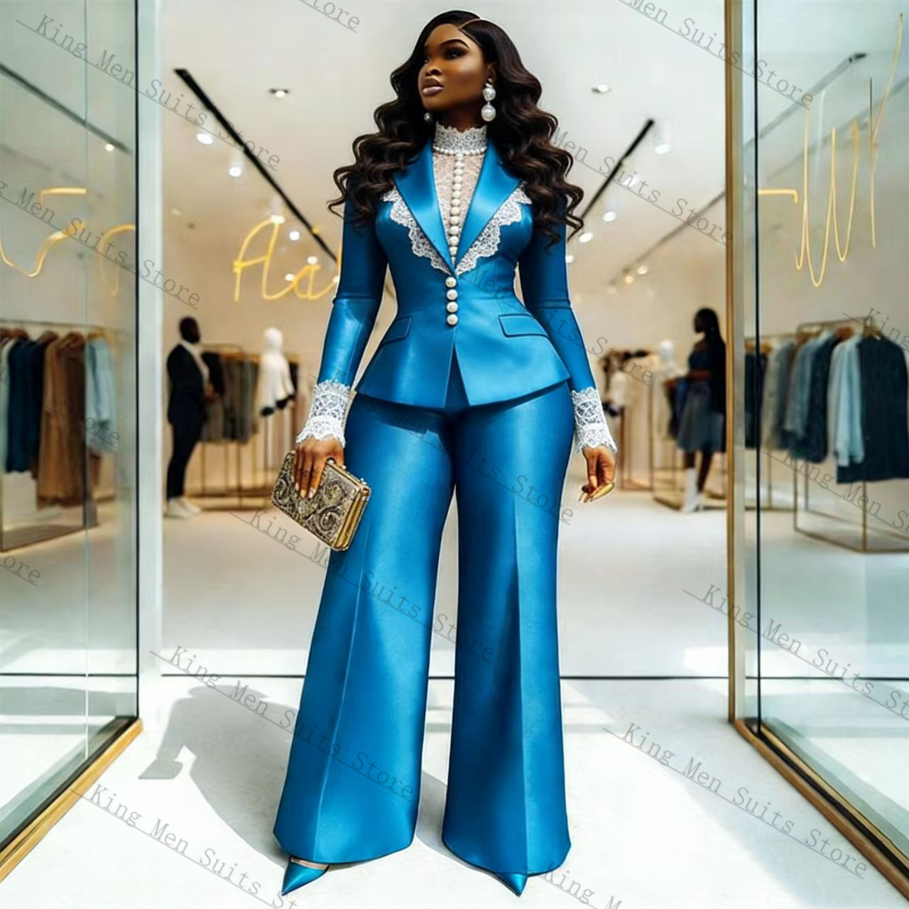 Blue Satin Lace Women Suit Set - огляд і ціна Women Formal Wear Coat