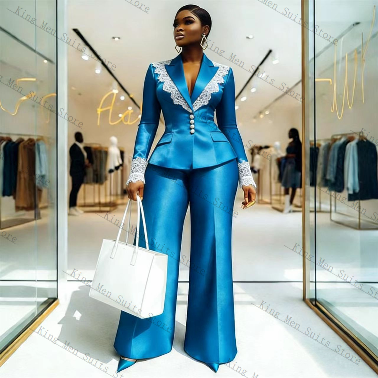 Blue Satin Lace Women Suit Set - огляд і ціна Women Formal Wear Coat