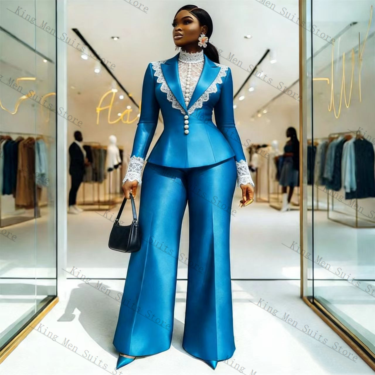 Blue Satin Lace Women Suit Set - огляд і ціна Women Formal Wear Coat